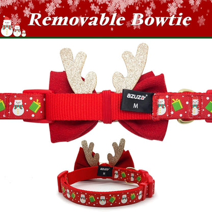 Christmas Dog Collar Adjustable Xmas Dog Collars with Christmas Antler Bow Tie Accessories Snowman Dog Collar for Medium Dogs