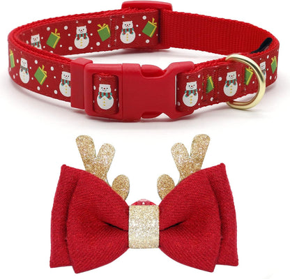 Christmas Dog Collar Adjustable Xmas Dog Collars with Christmas Antler Bow Tie Accessories Snowman Dog Collar for Medium Dogs