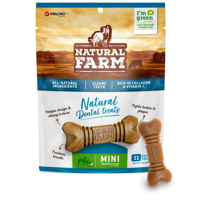 Natural Farm All-Natural Dog Dental Chew Dog Teeth Cleaning Treats - Fresh Breath Fight Plaque & Tartar - Canine Mess-Free Oral Care Teeth Cleaning Chews for Dogs 5-15 Lbs (11 Treats 2.25 Oz)