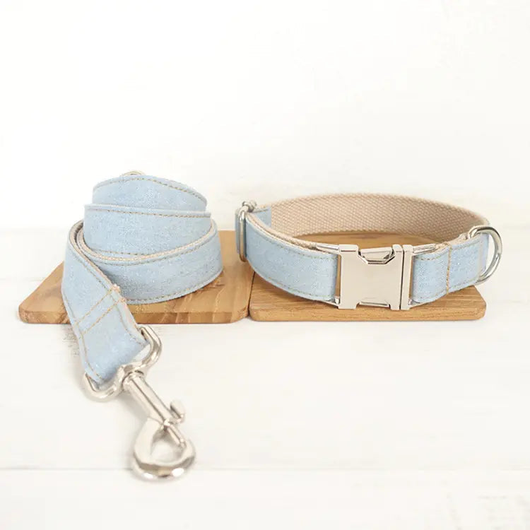 Light Blue Dog Collar and Denim Leash Set for Pets Alingpulse