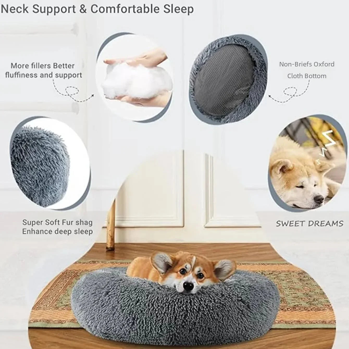 Large Round Pet Bed (40-90cm) - Super Soft Plush Dog House for Medium to Large Dogs and Cats - Cozy Winter Sleeping Solution