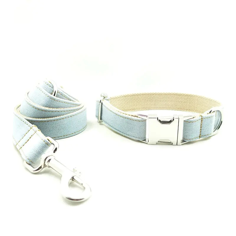 Light Blue Dog Collar and Denim Leash Set for Pets Alingpulse